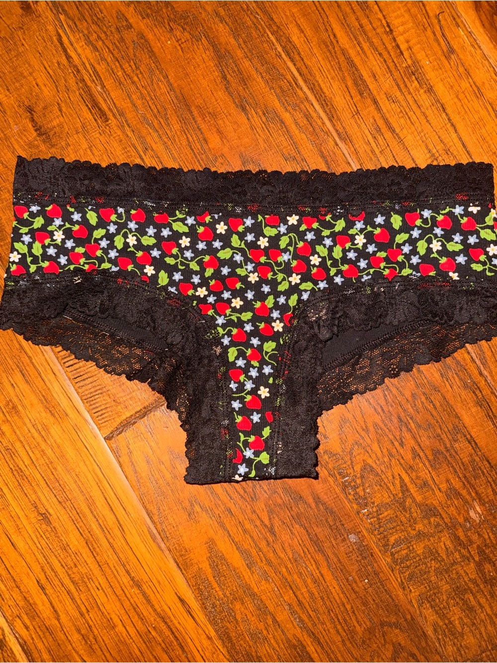 NWTBlack Lace Hipster Bikini Panties with Cherry Floral Print